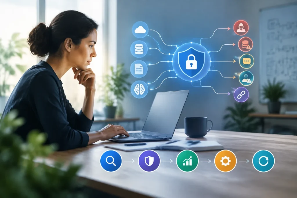 Security professional reviewing an AI risk assessment and data-flow diagram