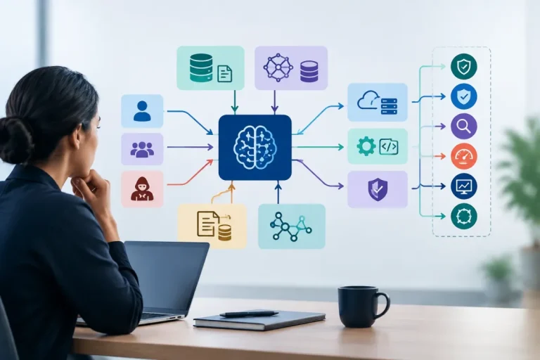 Diagram showing AI threat modeling across data flows, trust boundaries, models, and tools