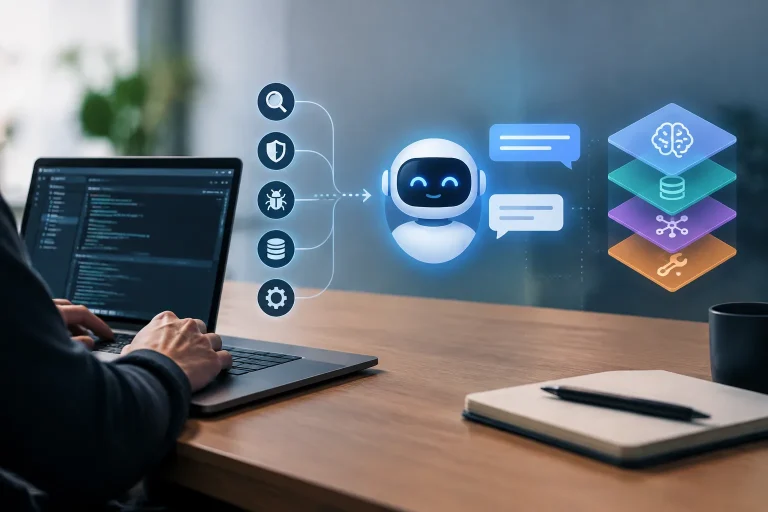 Security professional testing an AI chatbot on a laptop