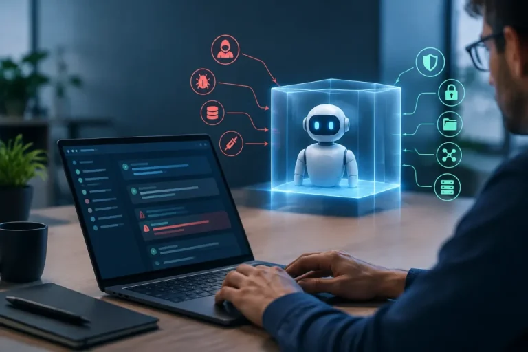 Security tester reviewing an autonomous AI agent pentest in an isolated environment