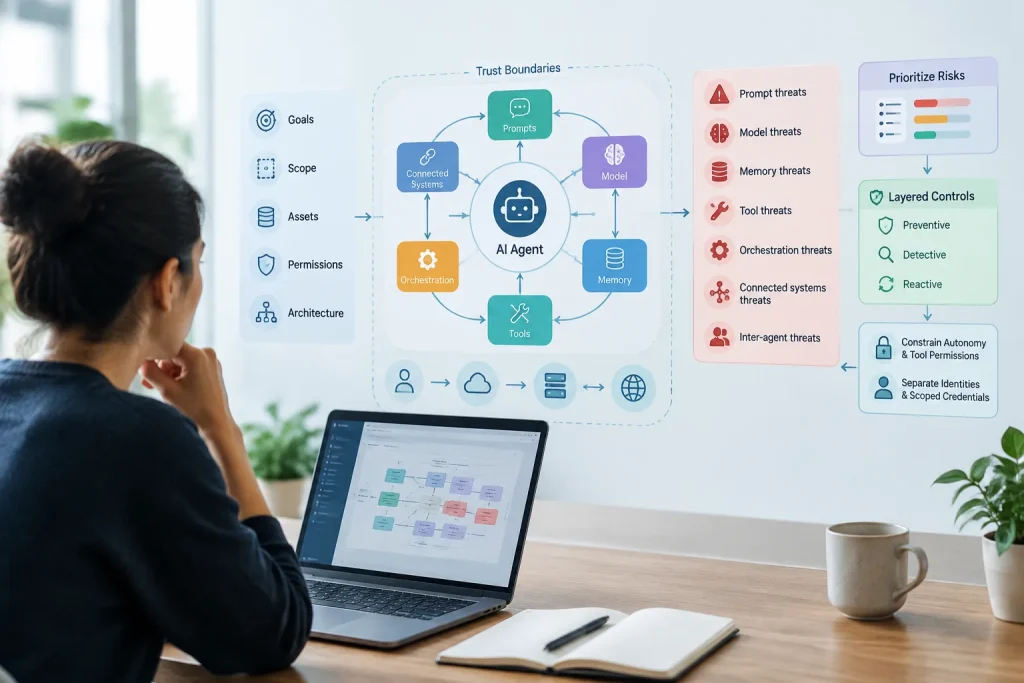 Diagram showing an AI agent threat-modeling workflow and trust boundaries