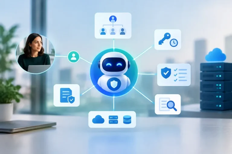Diagram showing IAM controls for AI agent identities, permissions, delegation, and monitoring