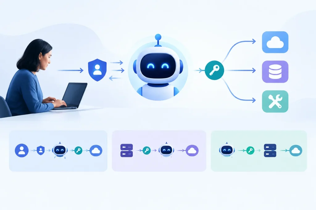 Diagram showing OAuth authorization flows for AI agents and API access