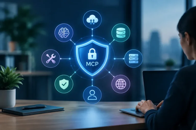 Diagram showing MCP security controls protecting an AI agent, tools, data, and connected services
